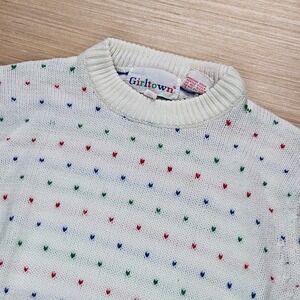 Vintage 80s 90 Girltown Kids Sweater Girls 6X White Heart Print Knit Long Sleeve